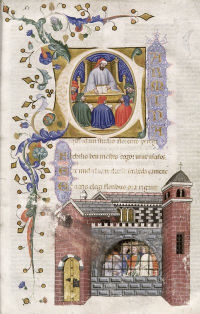 Boëthius met studenten in de gevangenis, uit De Consolatione Philosophiae cum Commento, 1385 door Italian School