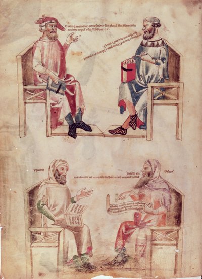 Hippocrates (ca.460-ca.377 v.Chr.) en Hunayn ibn Ishaq (808-873) en Hippocrates en Claudius Galenus (ca.131-ca.201) uit De Herbis door Manfredus de Monte Imperiali, ca. 1330-40 door Italian School