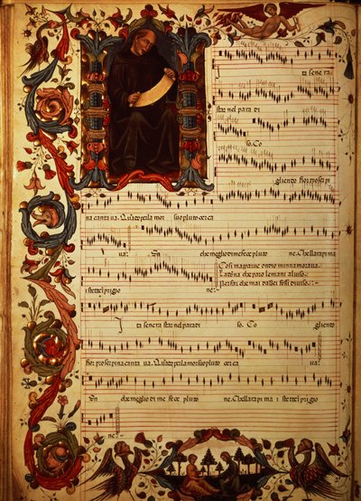 Ms Med. Pal. 87 Pagina van Muzikale Notatie met geïllustreerde initiaal, uit de Squarcialupi Codex, geproduceerd in het Florentijnse klooster van S. Maria degli Angeli door Italian School