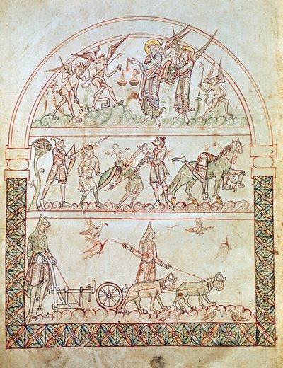 Ms. Plut. 12.17, c. 1b, De aardse stad met de ontberingen en tegenslagen van de mensheid en het oordeel van een ziel, uit De Stad van God door St. Augustinus, 11e-12e eeuw door Italian School