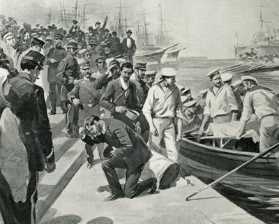 Muiterij van het Russische slagschip Potemkin aan land in de haven van Constanta in Roemenië, Illustratie uit L