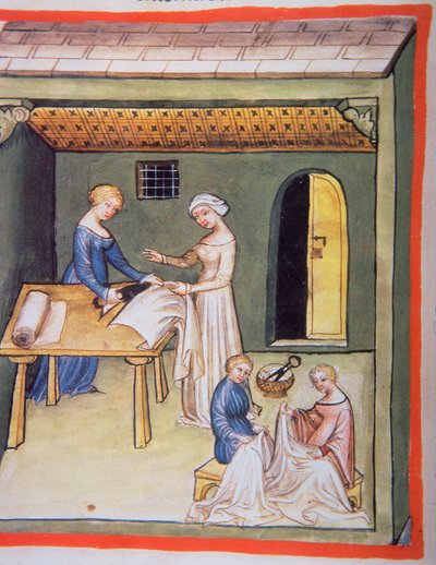 Nova 2644 fol.105v De Kleermakerswinkel: Kleding van Linnen, uit Tacuinum Sanitatis door Italian School