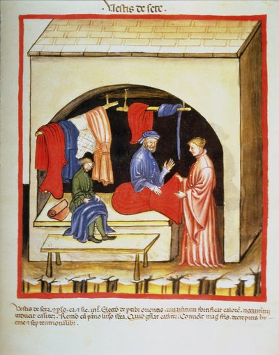 Nova 2644 fol.106r De Kleermakerswinkel: Kleding van Zijde, uit Tacuinum Sanitatis door Italian School