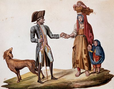 Oude Napolitaanse beroepen: een edelman geeft een munt aan een palmiscian door Italian School