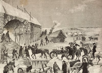 Een van de forten in aanbouw aan de Russische grens, gravure naar schets van Fritzmann, uit L