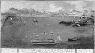 Een van de maritieme exploits van de beroemde zeeman, Mattio Ivanovich da Dobrota, ca. 1730 door Italian School