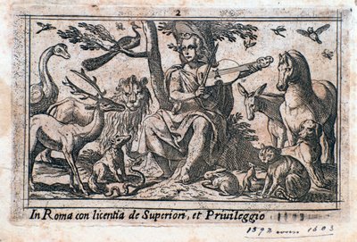 Orpheus spelend tussen dieren. (houtsnede) door Italian School