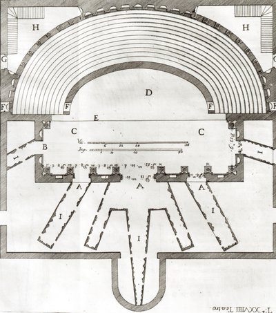 Plattegrond van het Olympisch Theater, Vicenza, ontworpen door Andrea Palladio (1508-80) gebouwd in 1580-85 door Italian School