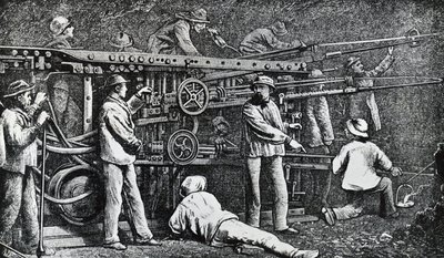 Pneumatische rotsboormachine gemaakt door Giovanni Battista Piatti en geperfectioneerd door Germano Sommeiller (1815-1871), gravure Italië door Italian School