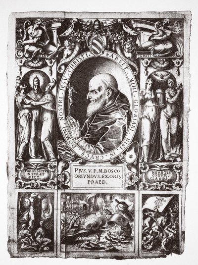 Paus Pius V, met vignetten van de Slag bij Lepanto, uit Vita del Gloriosissimo Papa Pio Quinto, pub. 1586 door Italian School