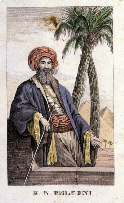 Portret van Giovanni Battista (Gianbattista) Belzoni (1778-1823), Italiaanse ontdekkingsreiziger en archeoloog, die belangrijke archeologische ontdekkingen deed in Egypte. Gravure - in “Viaggio in Egitto e in Nubia” door Belzoni, Milaan door Italian School