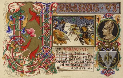Gedrukte herdenking van Paus Urbanus VI (kleurgravure) door Italian School
