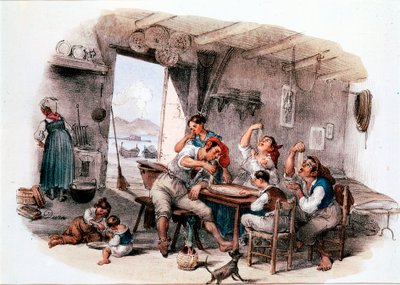 Waarschijnlijk Napolitaanse familie die macaroni met de handen eet. Anonieme gravure uit de 19e eeuw. Rome Museo Nazionale delle Paste Alimentari, Fondazione Agnesi door Italian School