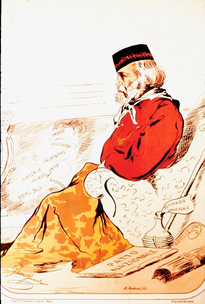 Voorstelling door leden van de parlementaire rechterzijde van de helden van het Risorgimento en de Italiaanse patriot Giuseppe Garibaldi (1807-1882) in 1874. Tekening. Rome, Museo del Risorgimento door Italian School