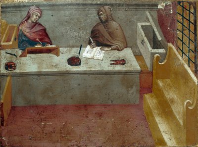 Voorstelling van een camerlinguist, assistent van een kopiist. Anoniem schilderij op hout van een Biccherna (omslag van het boekhoudregister van de stad Siena) 1388. Siena Archivio di Stato, Italië door Italian School