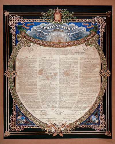 Risorgimento: grondwet afgekondigd door koning Ferdinand II van de Twee Siciliën (1810-1859) in 1847 door Italian School