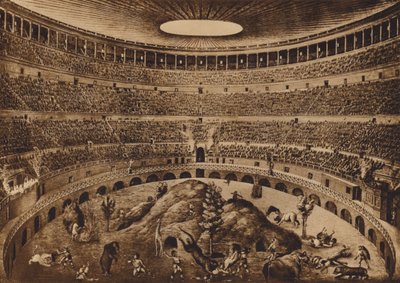 Roma / Rome: Interieur van het Colosseum, De jacht op de beurzen, historische reconstructie (litho) door Italian School