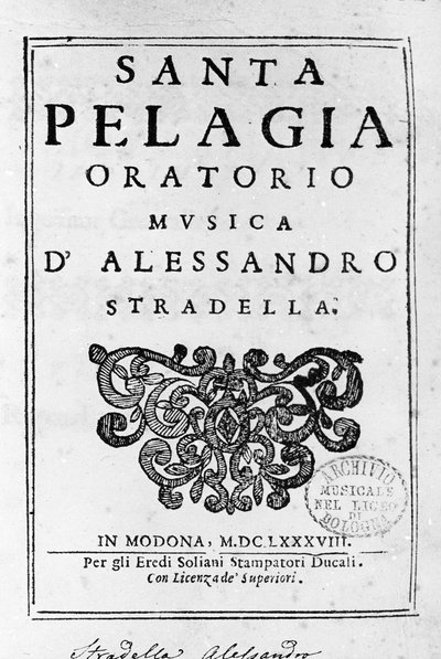 Santa Pelagia, frontispice van de partituur van het oratorium door Alessandro Stradella (1644 - 1682) Italiaanse componist. Modena 1688. door Italian School