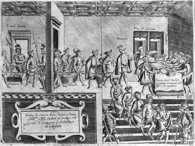 Dienst van de kardinalen tijdens een conclaaf. Gravure uit 