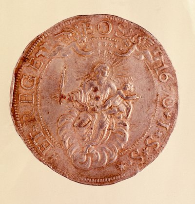 Zilveren munt uit de Republiek Genua met voorstelling van de Maagd Maria met Jezus kind (1670) door Italian School