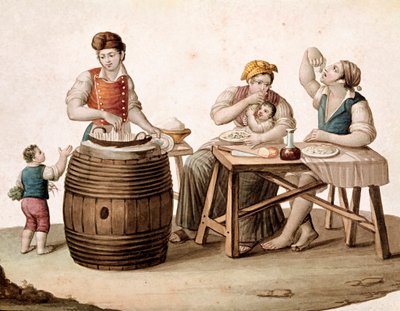 Kleine Napolitaanse handel: een maccheroni-verkoper, naast hem een familie aan tafel die met de handen eet. Aquarel uit de 19e eeuw. Museo Nazionale di San Martino, Napels door Italian School