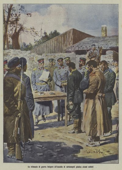 Soldaten worden berecht door een Bulgaars militair tribunaal tijdens het Beleg van Adrianople, Eerste Balkanoorlog (kleurenlitho) door Italian School