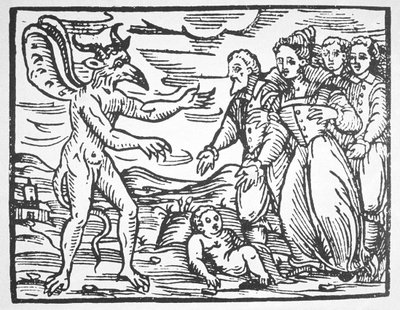 Tovenaars presenteren een kind aan de Duivel, uit Compendium Maleticarum door Fr M Guaccius (1608) geïllustreerd in een geschiedenis van magie gepubliceerd eind 19e eeuw door Italian School