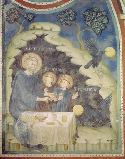 St. Benedictus beveelt een raaf om het vergiftigde brood mee te nemen (fresco) door Italian School