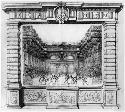 Toneelontwerp door Giacomo Torelli (1608-78) voor la Finta Pazza uitgevoerd in 1645 in Theatre Petit Bourbon in Parijs, 1654 door Italian School