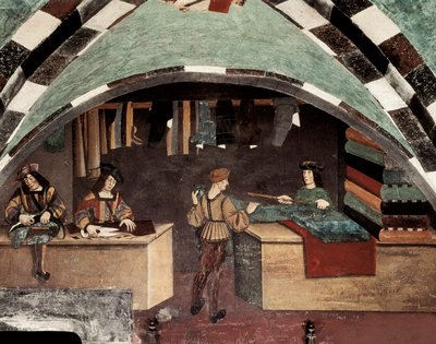 Kleermakerij. Een man is aan het naaien, een ander knipt de stof en een derde verkoopt de textiel aan een klant. Fresco Kasteel Issogne (15e eeuw) door Italian School