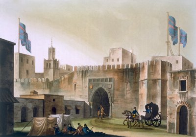 De Beb Kar, poort naar Tunis, met Europeanen in een door paarden getrokken rijtuig, ca. 1820-30 door Italian School