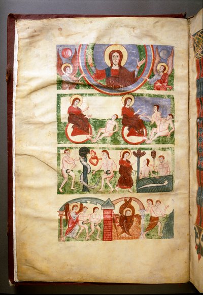 De schepping van Adam en Eva, de erfzonde en hun verdrijving uit het Paradijs. Frontispice van manuscript uit de 11e of 12e eeuw. (Ms.1273) Rome, Biblioteca Angelica door Italian School