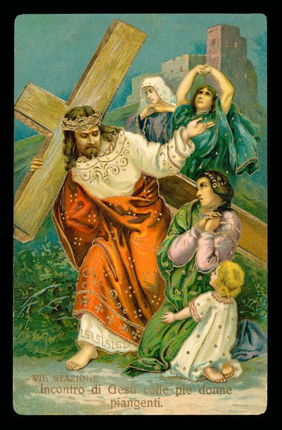 De kruisweg (uit een set van 14) (kleurenlitho) door Italian School