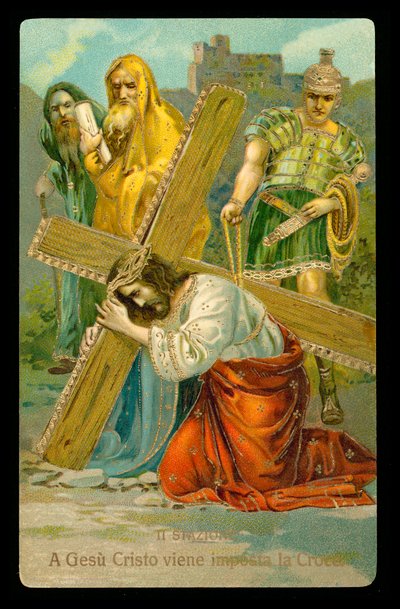 De kruisweg (uit een set van 14) (kleurenlitho) door Italian School