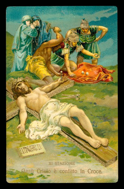 De kruisweg (uit een set van 14) (kleurenlitho) door Italian School