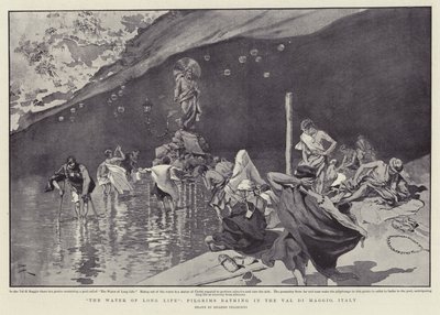 "Het water van het lange leven", pelgrims badend in de Val di Maggio, Italië (litho) door Italian School