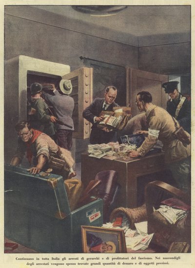 De arrestaties van hiërarchen en profiteurs van het fascisme gaan door in heel Italië (kleurenlitho) door Italian School