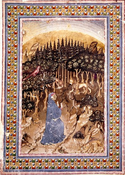 De dichter Dante bevindt zich in een donker bos. Verluchte pagina van het eerste lied van de Hel uit de 