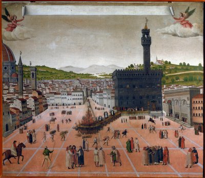 De brandstapel van Girolamo Savonarola op Piazza della Signoria, Florence in 1498 door Italian School