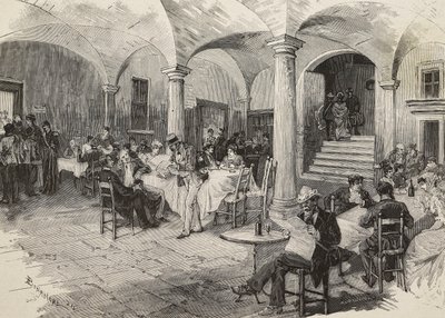 Derdeklas passagiers en eersteklas passagiers in quarantaine, bagage ontsmetten, Quarcino kasteel, aan de Zwitserse grens, cholera-epidemie, Italië, gravure door Mancastropa naar tekening van Bonamore, uit L