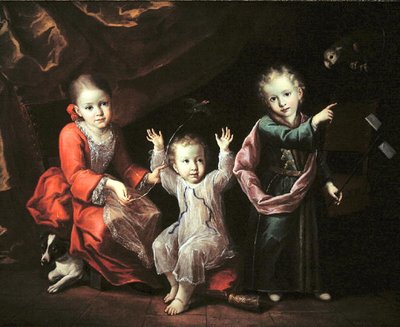 Drie kinderen in een interieur omringd door hun huisdieren, ca. 1680 door Italian School