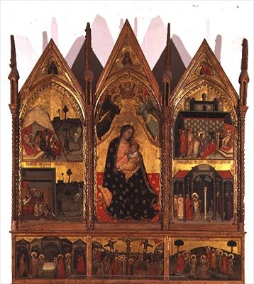 Drieluik: Madonna en Kind op de Troon geflankeerd door scènes uit het leven van St. Bartholomeus met een predella paneel van scènes uit het leven van Christus, School van de Marches door Italian School