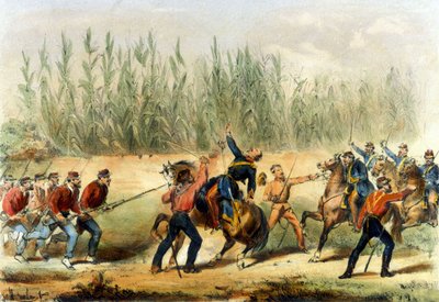 Eenheid van Italië: de expeditie van de Duizend of Rode Hemden onder leiding van Giuseppe Garibaldi (1807-1882). Garibaldi doodde een kapitein van de Napolitaanse cavalerie in de Slag bij Milazzo. Sicilië 19e eeuw Lithografie door Italian School
