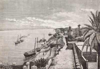 Uitzicht op Khartoem langs de Blauwe Nijl, Soedan, gravure door Cairoli naar foto van Buchta, uit L