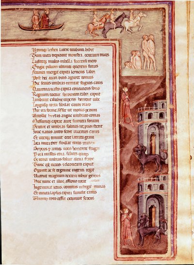 Zicht op de onderwereld, personages en monsters, illustratie voor Furious Hercules door Seneca (miniatuur) door Italian School