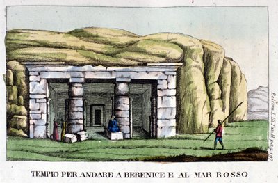 Uitzicht op de tempel op weg naar Berenice, nu Benghazi en de Rode Zee. De auteur, Giovanni Battista Belzoni, is een Italiaanse ontdekkingsreiziger en archeoloog die belangrijke archeologische ontdekkingen in Egypte heeft gedaan. Gravure door Italian School