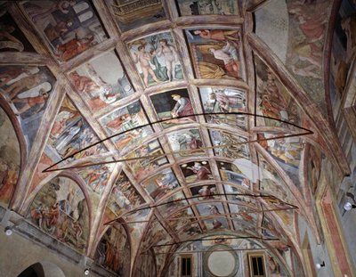 Zicht op de gewelfde kamer versierd met fresco
