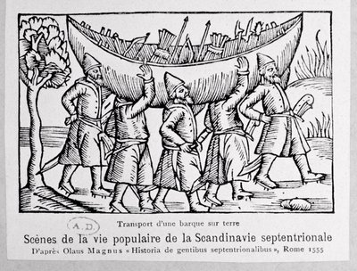 Vikingen dragen een boot naar Rusland, illustratie uit Historia de Gentibus Septentrionalibus door Olaus Magnus (1490-1558), gepubliceerd in Rome, 1555 door Italian School