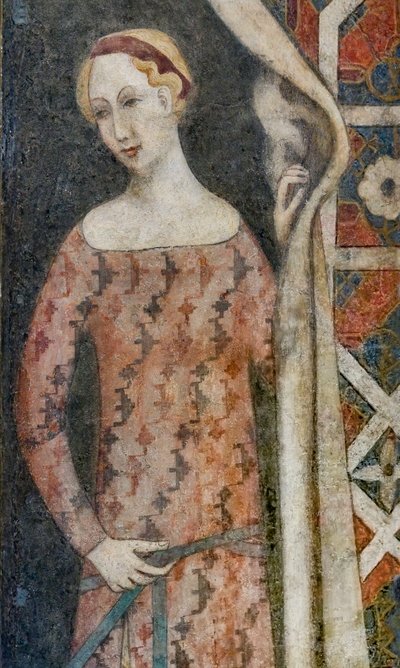 Vrouw tekent een kleed met een geometrisch patroon, begin 15e eeuw (fresco) door Italian School