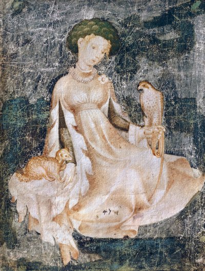 Vrouw zittend op de grond met hond en valk, aquareltekening, Frankrijk door Italian School